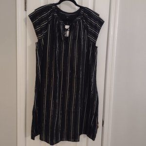 NWT Ann Taylor Boho Blk w/ Metallic Gold Stripe, Flutter Sleeve Cotton Dress 8